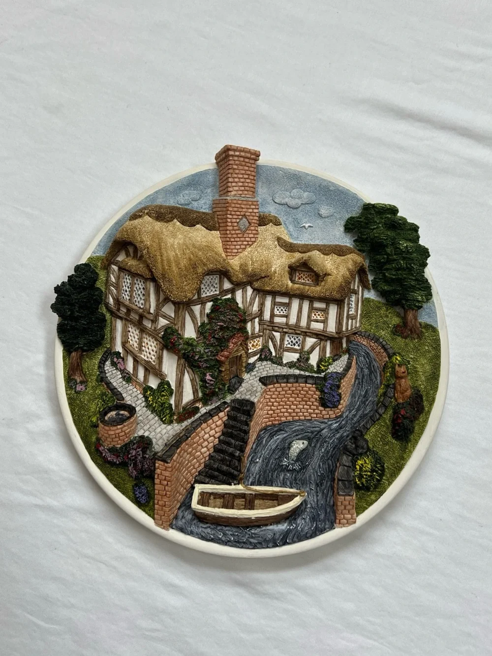 David Winters ON THE RIVERBANK Cottage Scene Hanging Plate Hand Made 1992 VTG